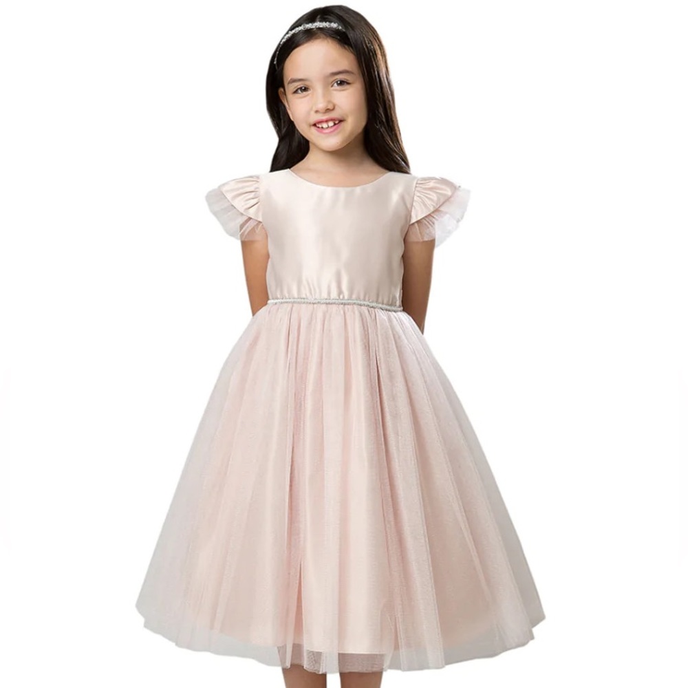 Satin/Tulle Toddler Girl Flutter Sleeve Formal Dress